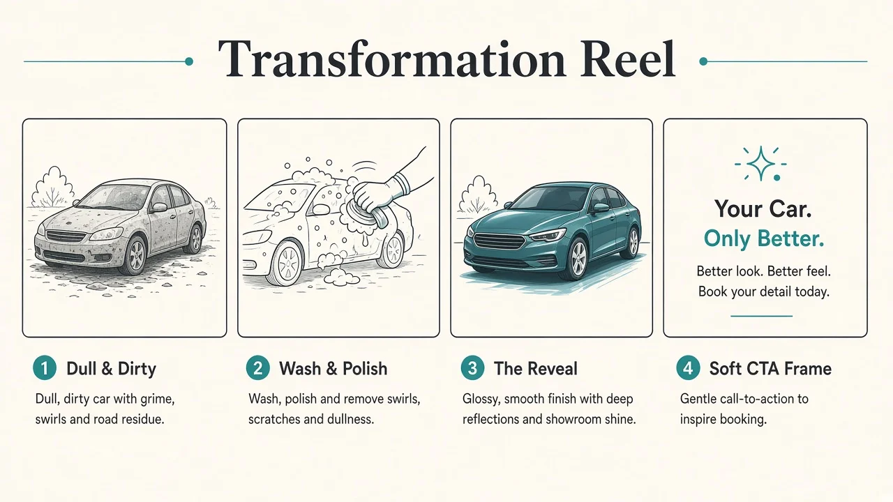 Diagram of a three-beat transformation Reel: before, wipe, after on the same car angle.