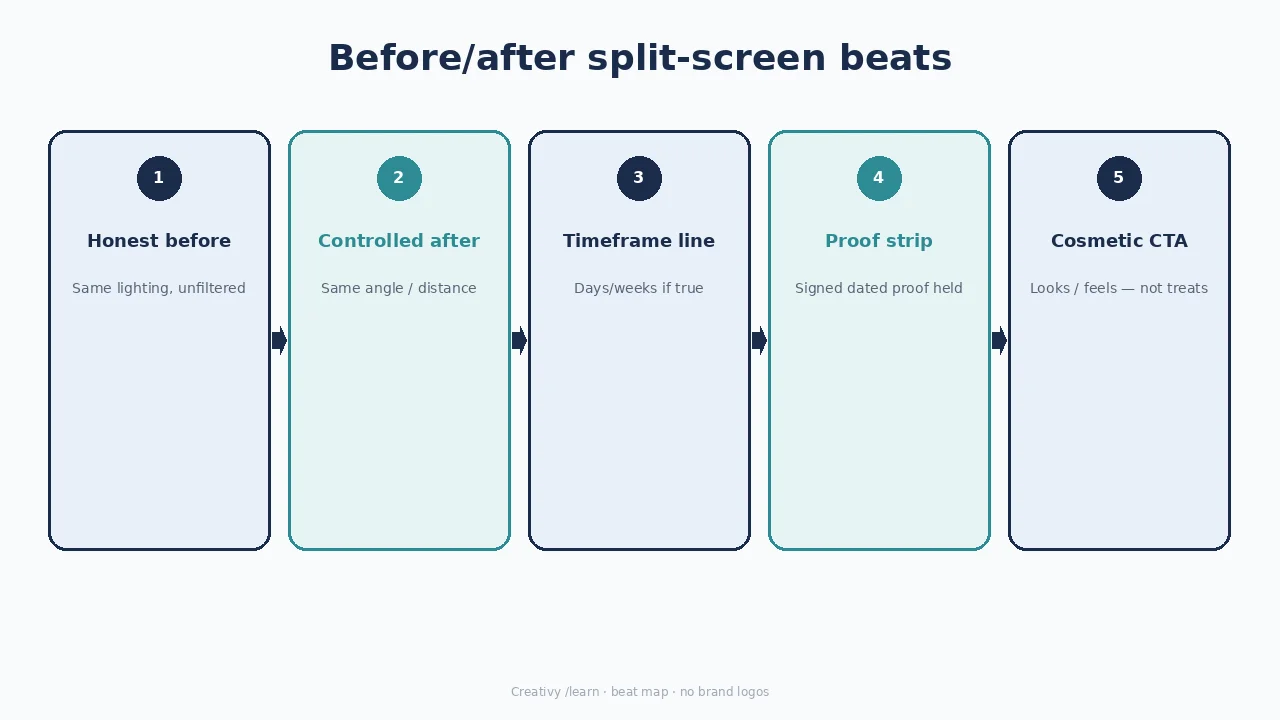 Diagram of ASA-first before/after beats: honest before, controlled after, timeframe, proof, cosmetic CTA.