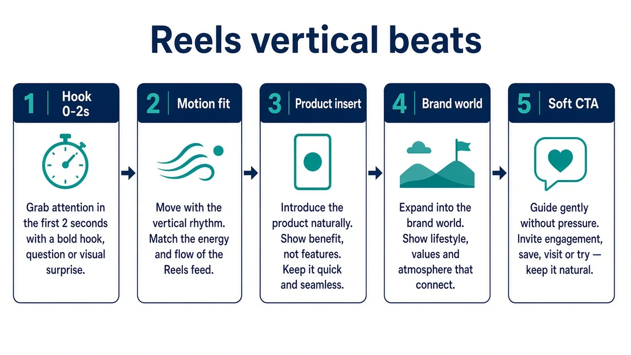 Diagram of a fashion Reels vertical storyboard: hook, motion fit, product insert, brand world, soft CTA.