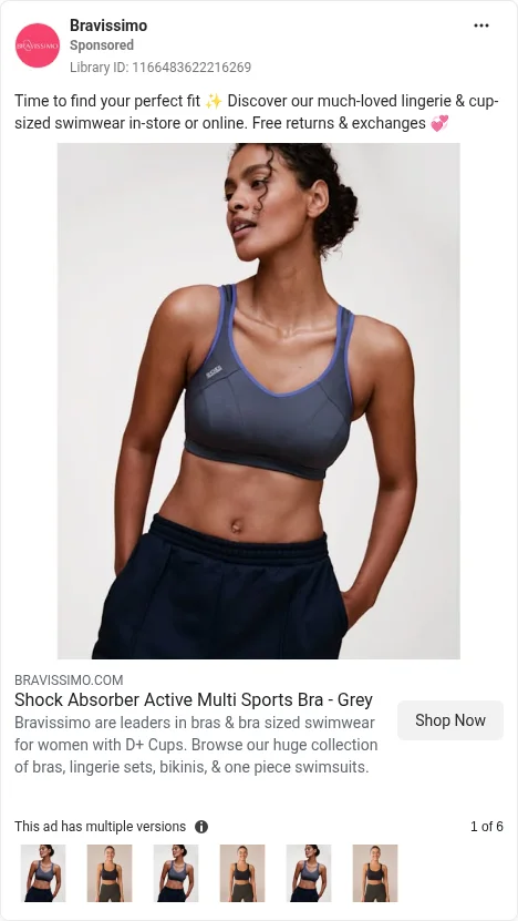 Based on Ad Library ID 1166483622216269, Bravissimo, closest live GB card: D+ sports bra catalogue, one model per card, not a montage. FLAG: free returns claim.