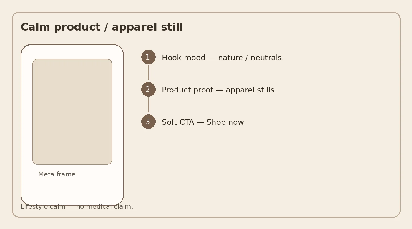 Diagram of a calm product Meta static: mood hook, apparel proof, soft shop CTA.