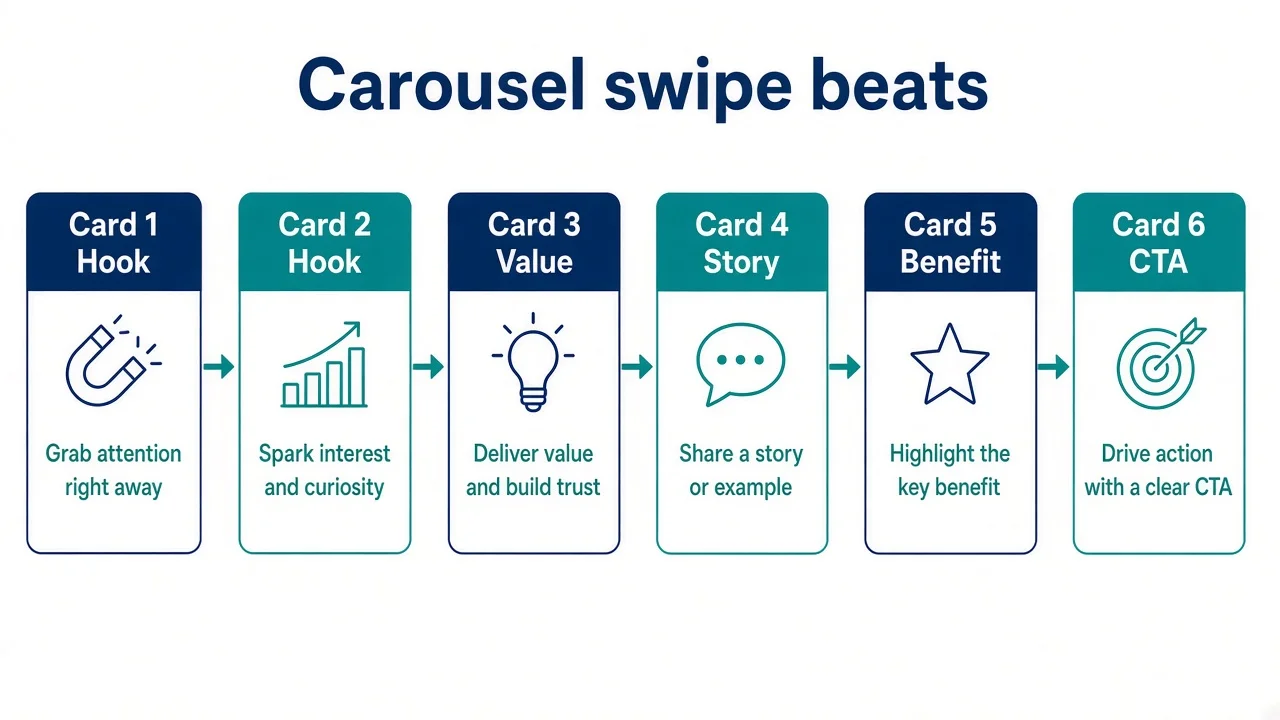 Diagram of a supplement carousel swipe narrative: hook card, benefit cards, proof, CTA.
