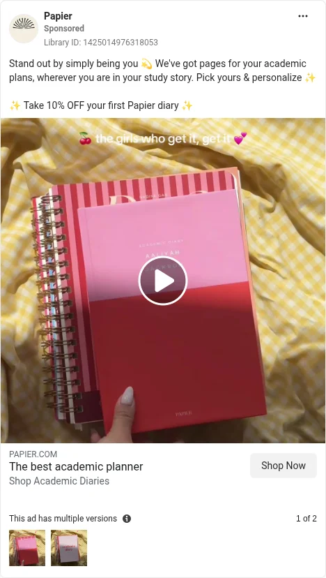 Based on Ad Library ID 1425014976318053 — Papier academic diary / planner calendar hook (left-column crop).