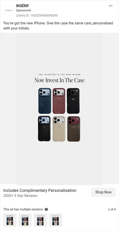 Based on Ad Library ID 1420255460040050, INSÉRIF (UK): six leather-look cases embossed with initials. FLAG: complimentary personalisation with no terms; review count claim.