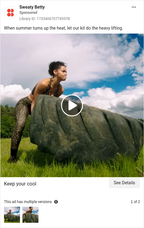 Based on Ad Library ID 1733406707745978 — Sweaty Betty public Meta creative (left-column crop).