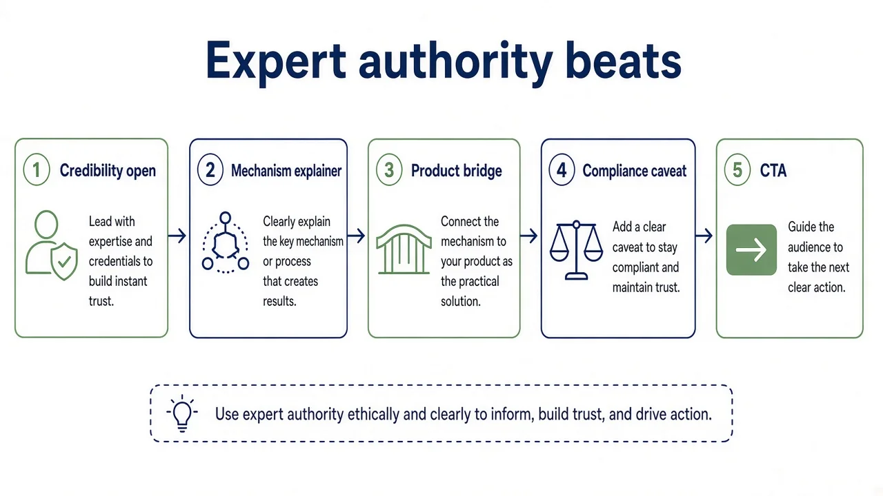 Diagram of an expert-authority supplement static: credential, mechanism-lite, boundary, CTA.