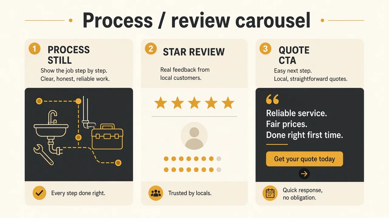 Diagram of a jobs carousel Meta ad: trade cards, proof, CTA.
