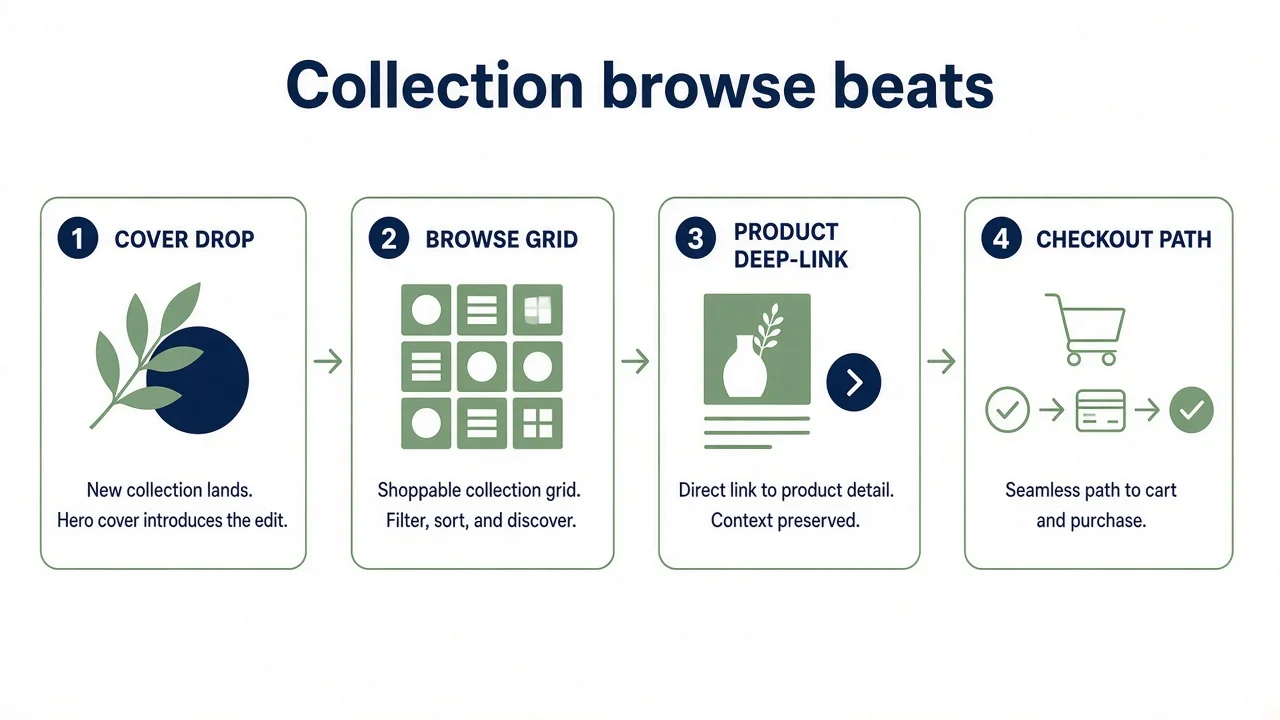Diagram of a fashion Collection browse path: cover drop, browse grid, product deep-link, checkout.