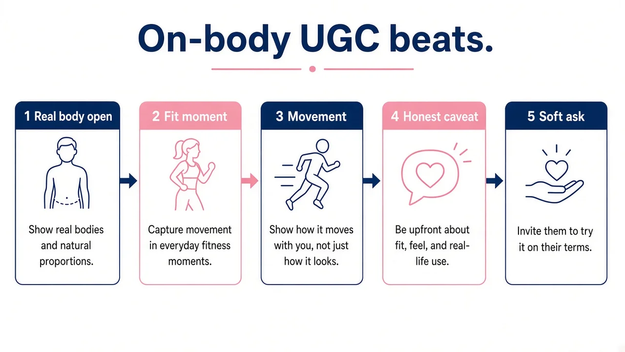 Diagram of a fashion on-body UGC video: person, garment proof, fit note, soft CTA.