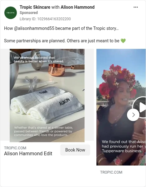 Based on Ad Library ID 1029664163202200 — Tropic×Alison public Meta creative (closest education carousel; left-column crop).