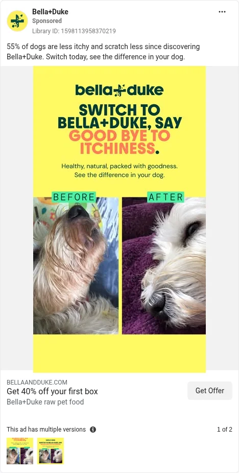 Based on Ad Library ID 1598113958370219 — Bella+Duke public Meta creative (FLAG: no true carousel; left-column crop).