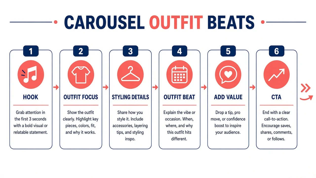 Diagram of a fashion carousel swipe narrative: hook card, idea cards, proof, CTA.