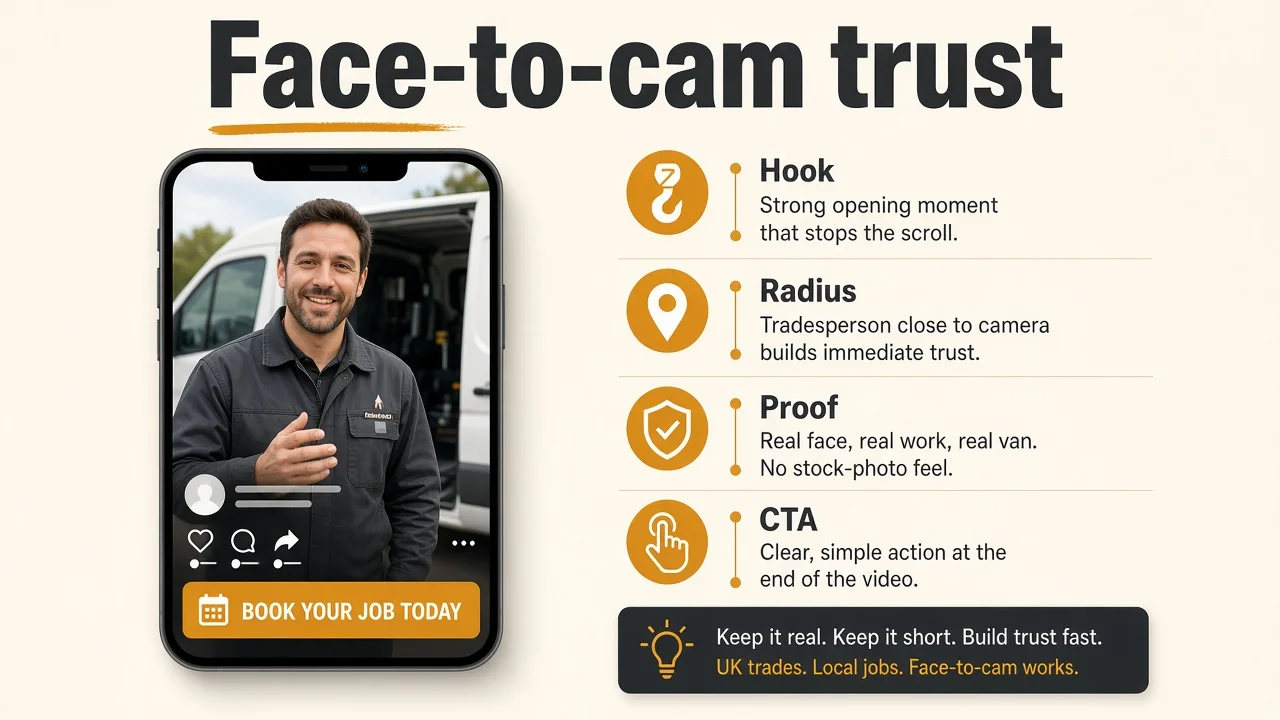 Diagram of a face-to-cam trust Meta ad: person, one belief line, soft CTA.