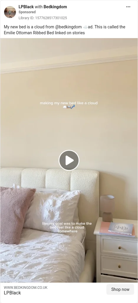 Based on Ad Library ID 1577628517301025 — LPBlack × Bed Kingdom in-room UGC (FLAG: not literal mattress-in-a-box; left-column crop).