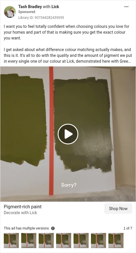 Based on Ad Library ID 907344282439095 — Tash Bradley × Lick colour-confidence UGC (left-column crop).
