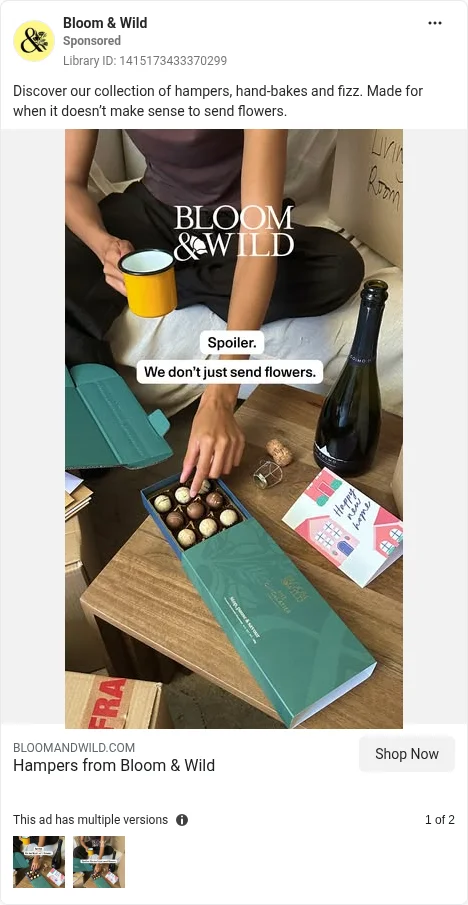 Based on Ad Library ID 1415173433370299 — Bloom & Wild collection (FLAG: multi-version — not true Prev/Next Feed carousel; left-column crop).