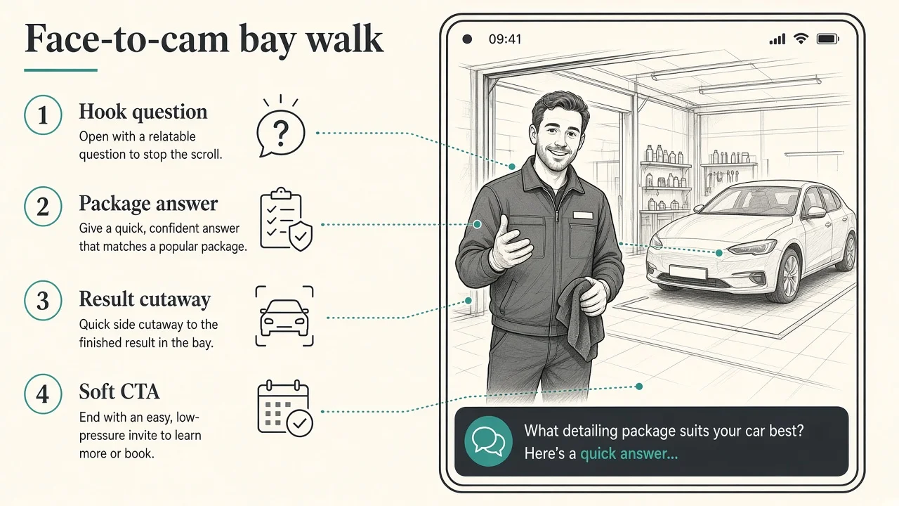 Diagram of a face-to-cam bay walk: person, one topic, and a clear CTA.
