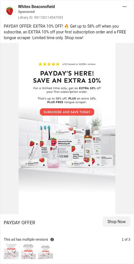 Based on Ad Library ID 981730114947093, Whites Beaconsfield, closest live GB card: first-subscription offer. FLAG: time-bound promise on pack, no qualifier.