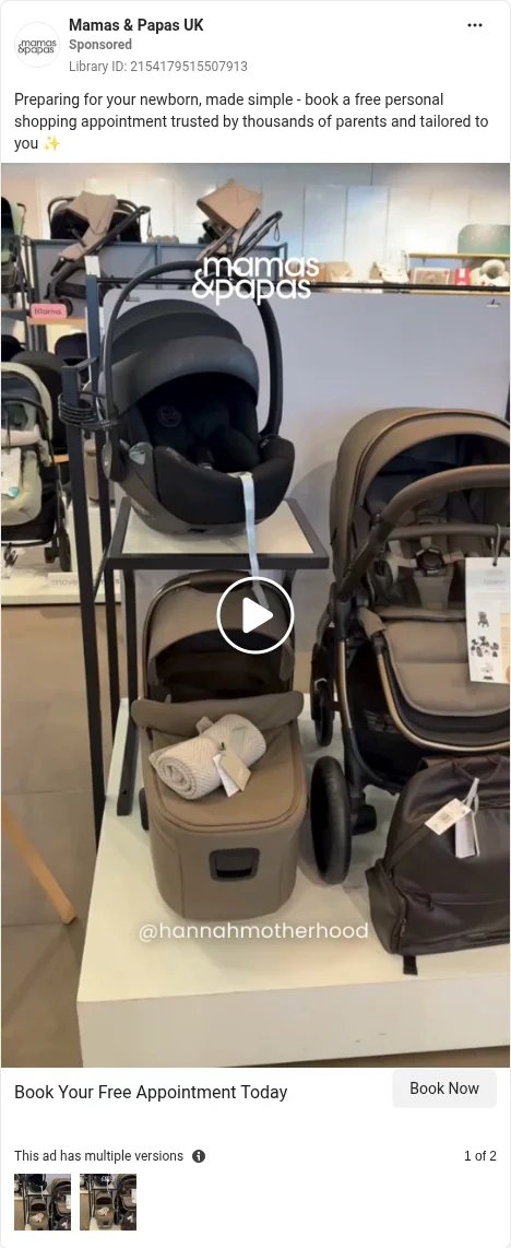 Based on Ad Library ID 2154179515507913 — Mamas & Papas UK public Meta creative (left-column crop).
