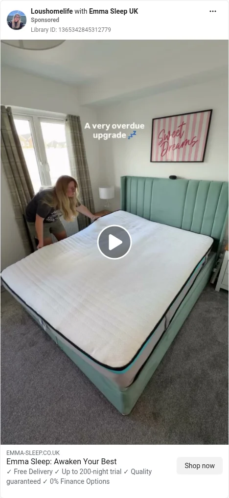 Based on Ad Library ID 1365342845312779 — Loushomelife × Emma claim-safe sleep-upgrade UGC (left-column crop).