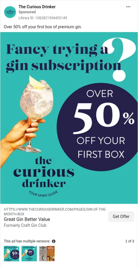 Based on Ad Library ID 1082821954455149 — The Curious Drinker first-box offer card.