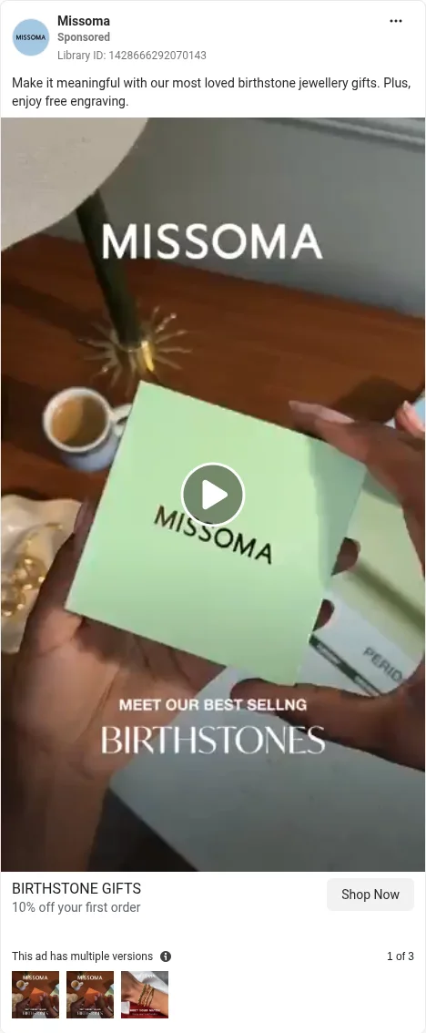 Based on Ad Library ID 1428666292070143 — Missoma public Meta creative (FLAG: Ellibelle preferred for gifting; left-column crop).