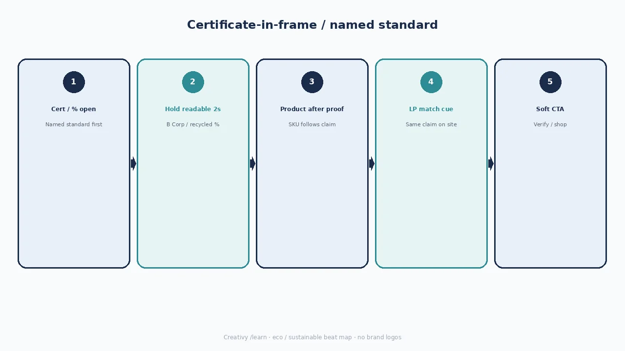 Diagram of certificate-in-frame beats: cert open, hold readable, product after proof, LP match, soft CTA.