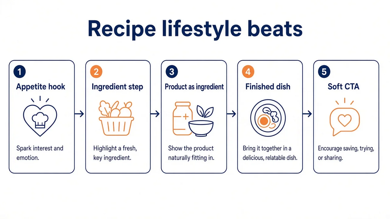 Diagram of a recipe lifestyle supplement video: desire hook, cook steps, product as ingredient, serve, CTA.