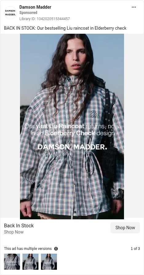 Based on Ad Library ID 1042020515344457 — Damson Madder public Meta creative (left-column crop).