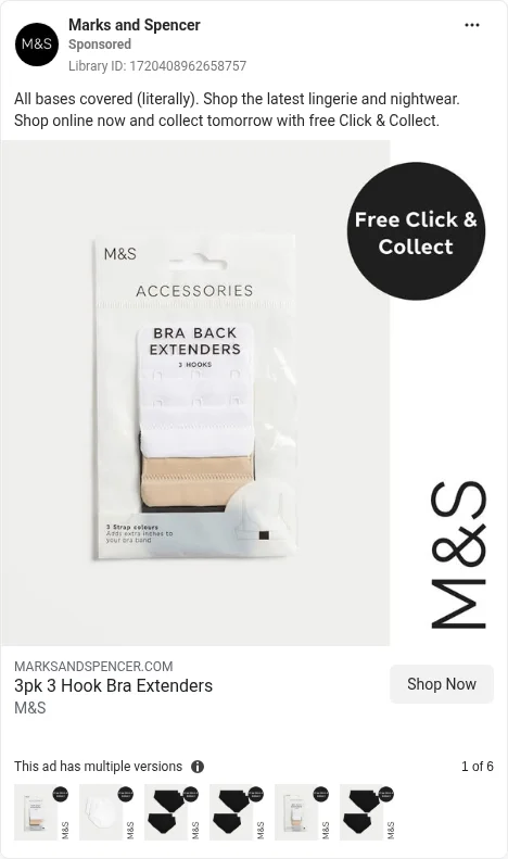 Based on Ad Library ID 1720408962658757, M&S: product-only cards, bra back extender 3-pack and cotton shorts 5-pack. FLAG: innuendo ("All bases covered (literally)"); Click & Collect claim.