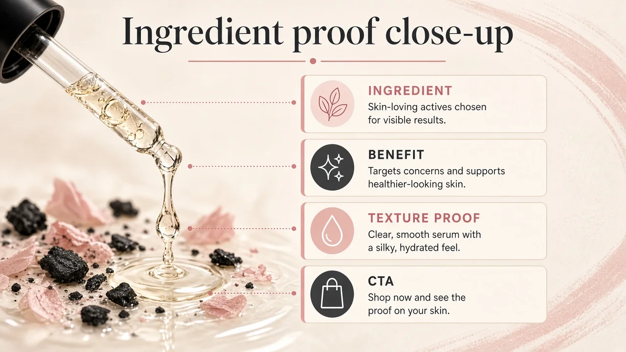 Diagram of a texture process beauty video: close-up finish, process cuts, mute proof hold, CTA.