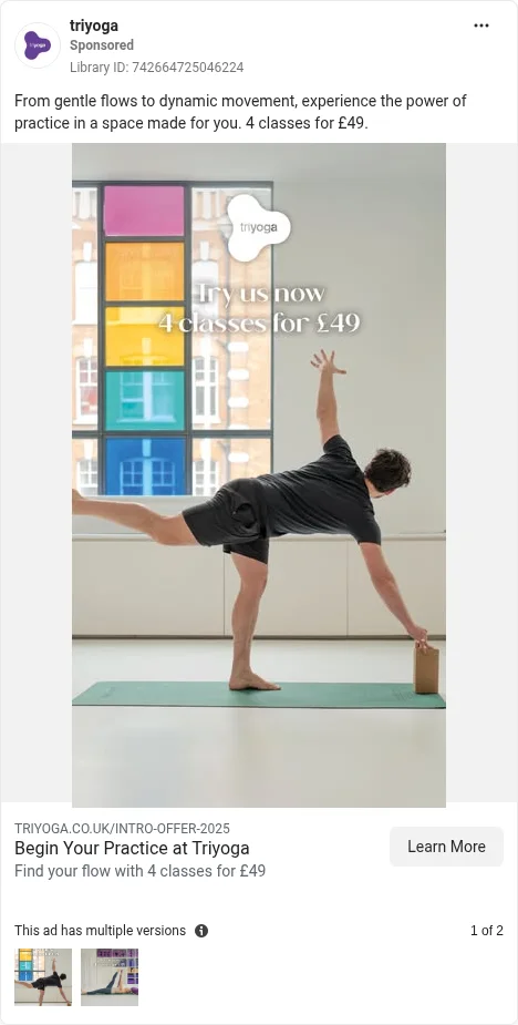 Based on Ad Library ID 742664725046224 — triyoga public Meta creative (left-column crop).