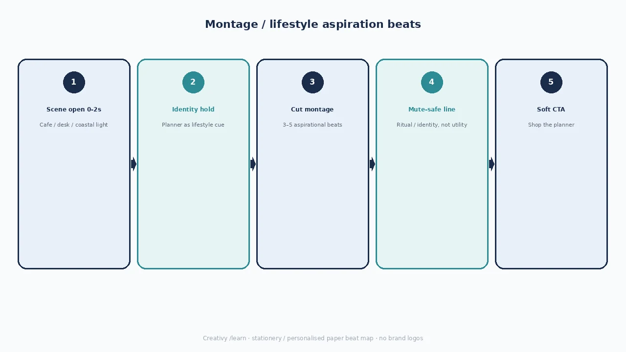 Diagram of montage / lifestyle aspiration beats: scene open, identity hold, cut montage, mute-safe line, soft CTA.