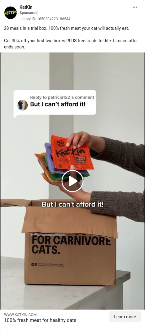 Based on Ad Library ID 1650204223186544 — KatKin public Meta creative (trial-box closest unboxing; left-column crop).