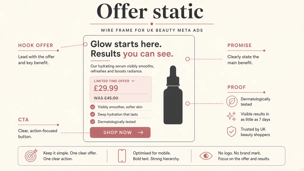 Diagram of a beauty offer static: product stack, percent badge, single CTA.