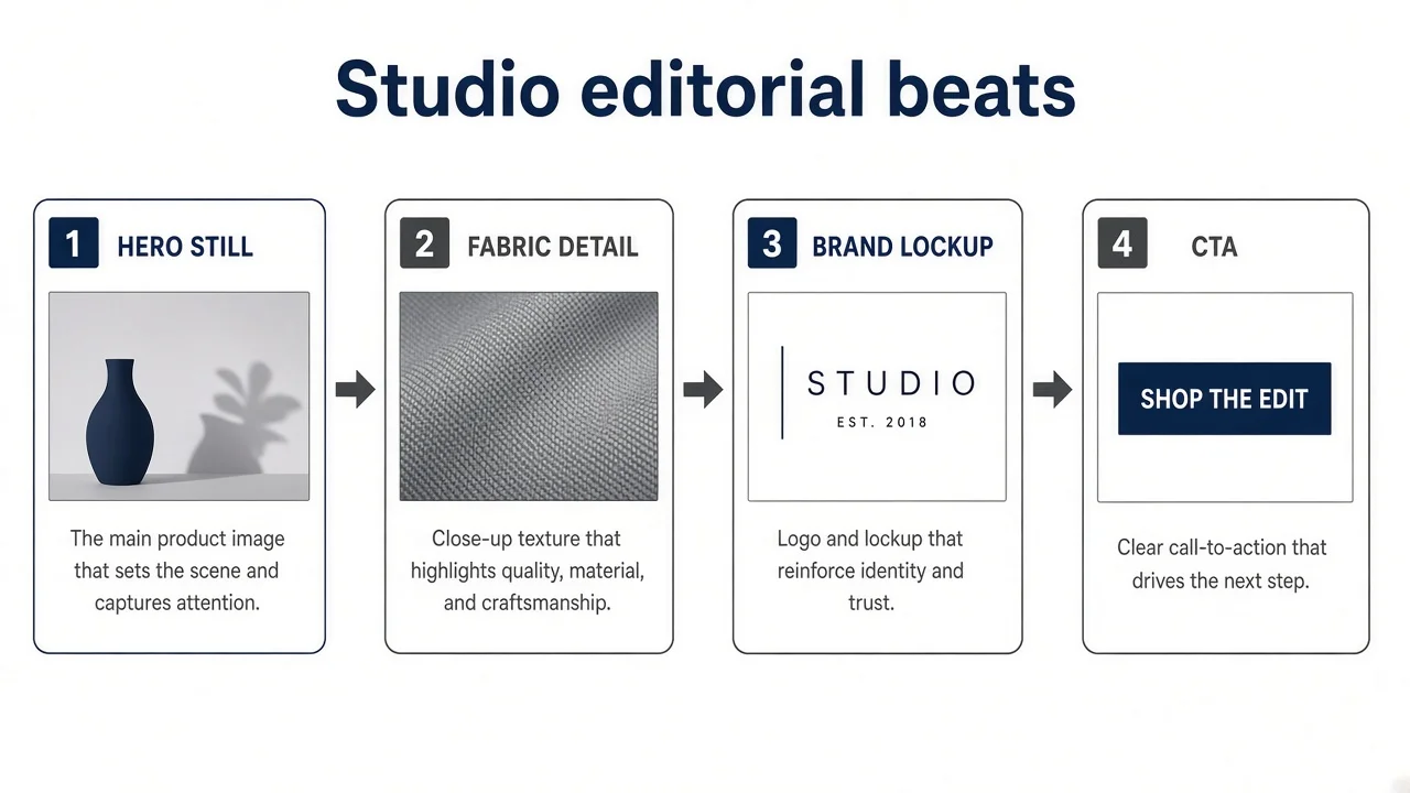 Diagram of a fashion studio editorial static: aspiration frame, readable garment, one line, CTA.