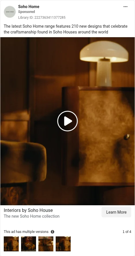 Based on Ad Library ID 2227363411377285 — Soho Home public Meta creative (FLAG: no true Collection/IE; left-column crop).