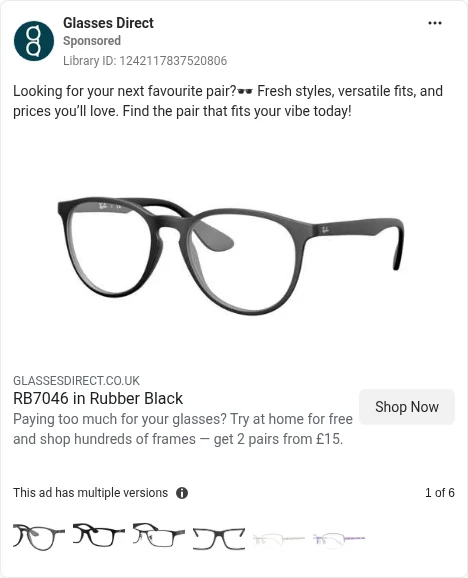 Based on Ad Library ID 1242117837520806 — Glasses Direct carousel / multi-frame frame drops (Cubitts pure-brand was not locked live in GB; left-column crop).