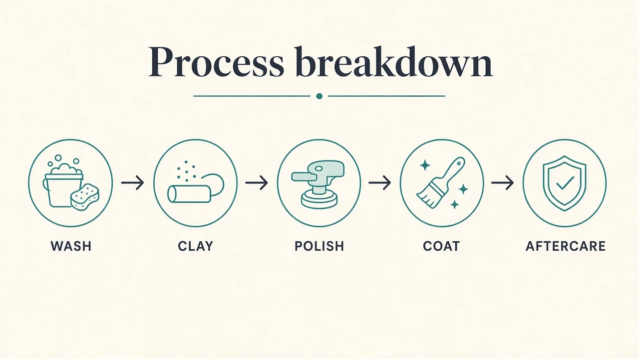 Diagram of a process breakdown: foam, polish, coat as labelled steps.