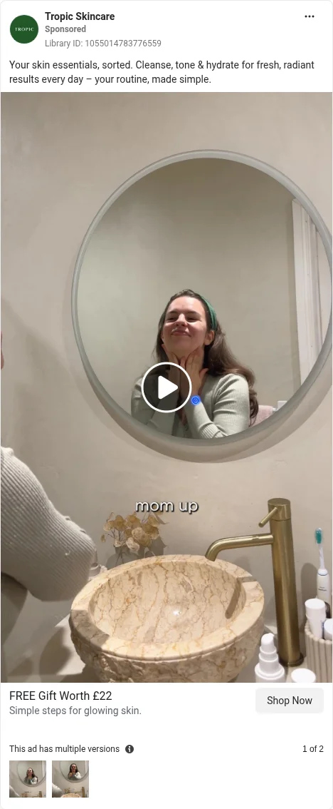 Based on Ad Library ID 1055014783776559 — Tropic Skincare public Meta creative (left-column crop).