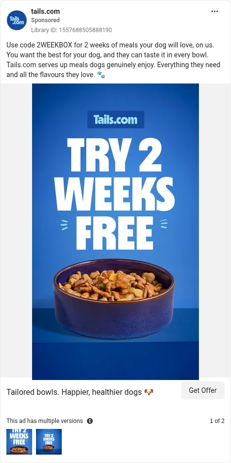 Based on Ad Library ID 1557688505888190 — tails.com public Meta creative (left-column crop).