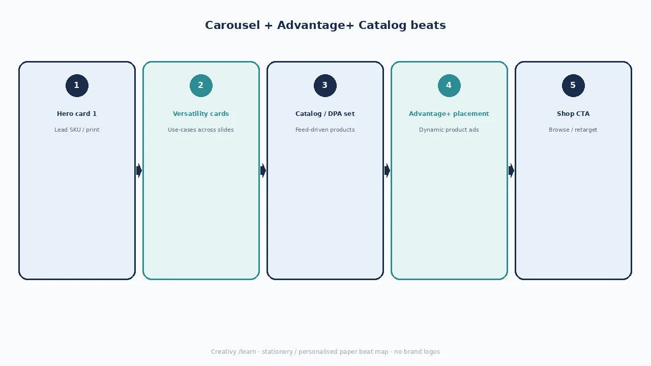 Diagram of carousel + catalog / DPA beats: hero card, versatility cards, catalog/DPA, Advantage+, shop CTA.