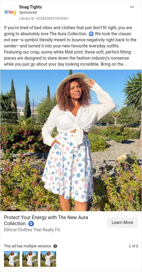Based on Ad Library ID 4258528937694361 — Snag Tights Aura Collection public Meta creative (closest browse-drop; left-column crop).