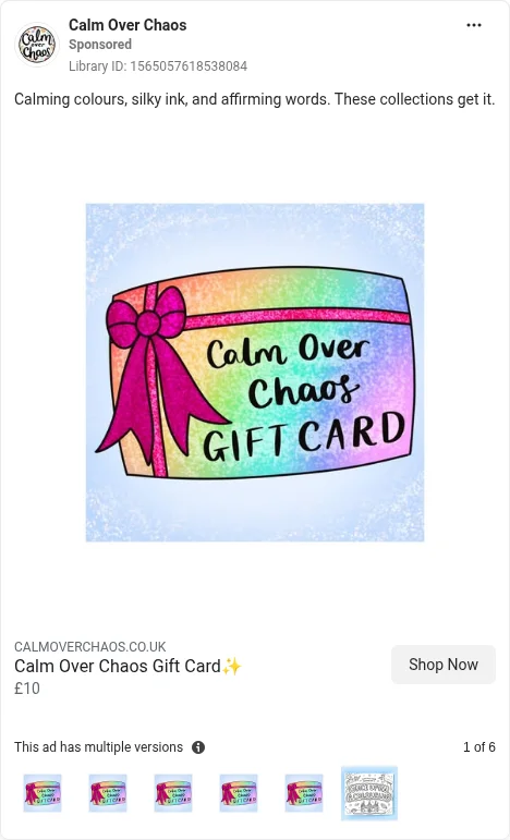 Based on Ad Library ID 1565057618538084 — Calm Over Chaos catalogue multi (FLAG: 1 of 6 multi-version — no true Prev/Next carousel; left-column crop).