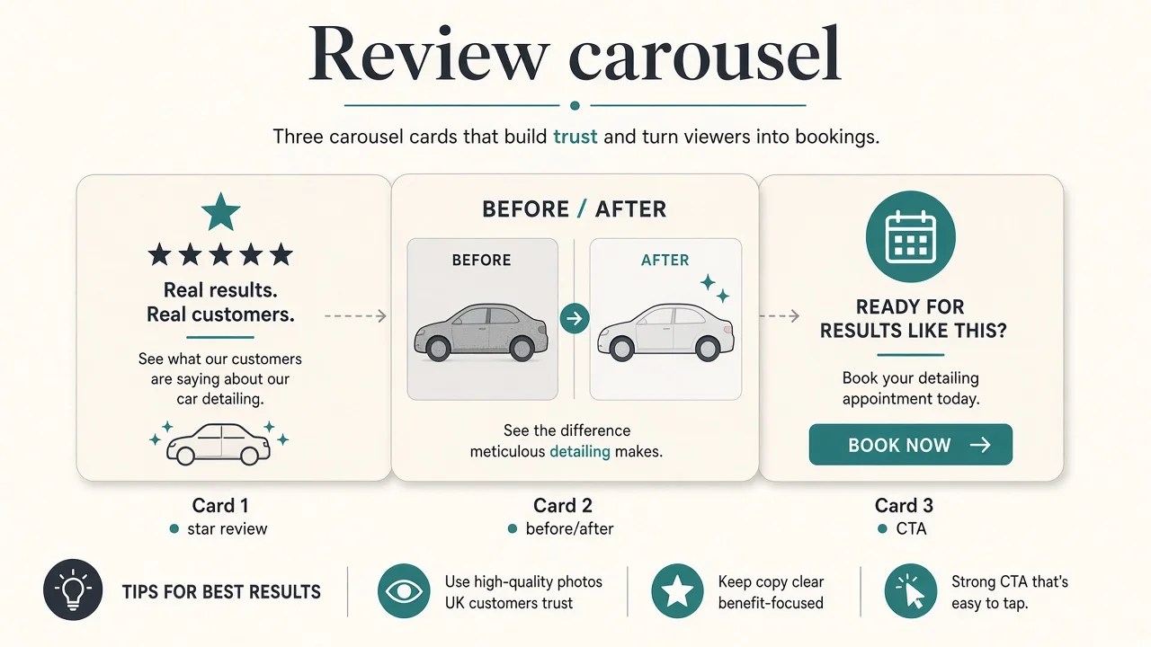 Diagram of a review carousel: stars, quote, job photo, then CTA.