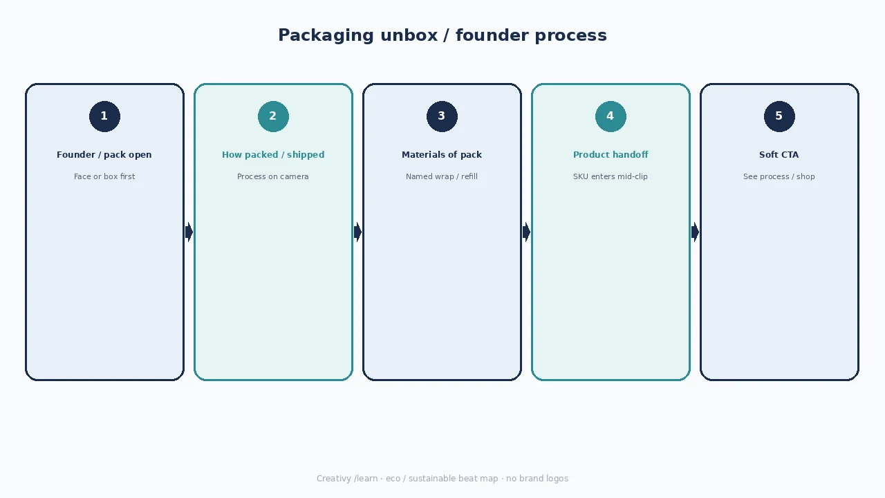 Diagram of packaging / founder process beats: founder pack open, how packed, pack materials, product handoff, soft CTA.