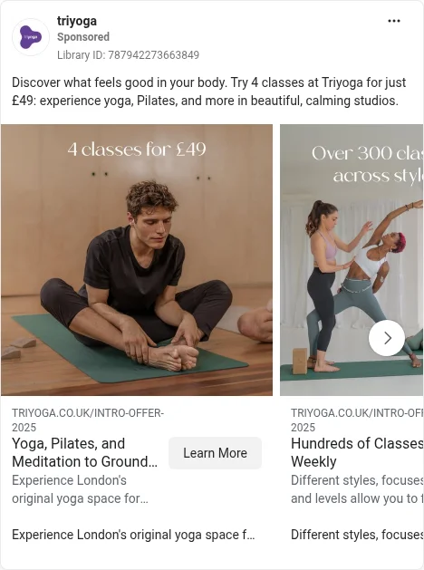 Based on Ad Library ID 787942273663849 — triyoga public Meta creative (left-column crop).