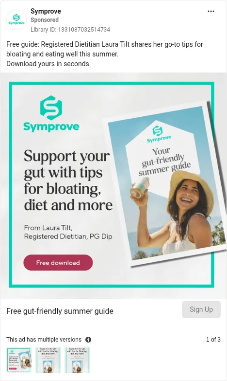 Based on Ad Library ID 1331087032514734 — Symprove public Meta creative (left-column crop).