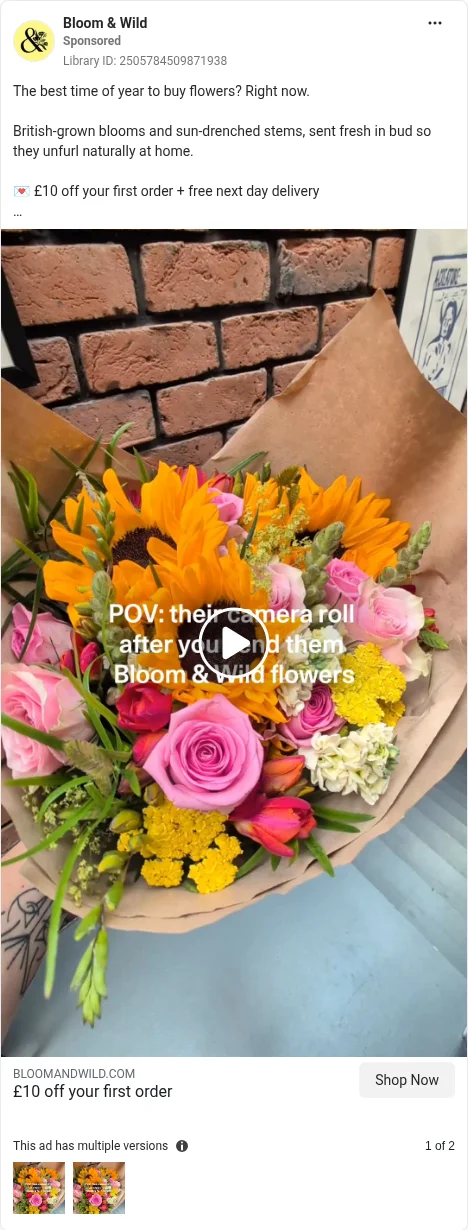 Based on Ad Library ID 2505784509871938 — Bloom & Wild season offer / urgency video (left-column crop).