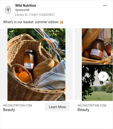 Based on Ad Library ID 2164311024520827 — Wild Nutrition public Meta creative (left-column crop).